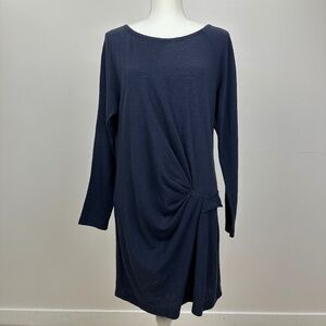 Hanii Y Wool Dress Long Sleeve Draped Navy Blue Round Neck Minimalist Medium.